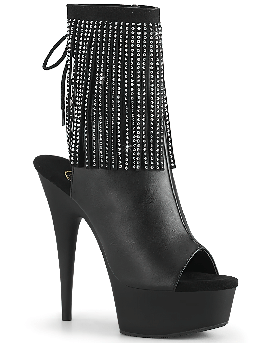 Black open-toe ankle boots with rhinestone fringe and a high heel, perfect for a glamorous look.