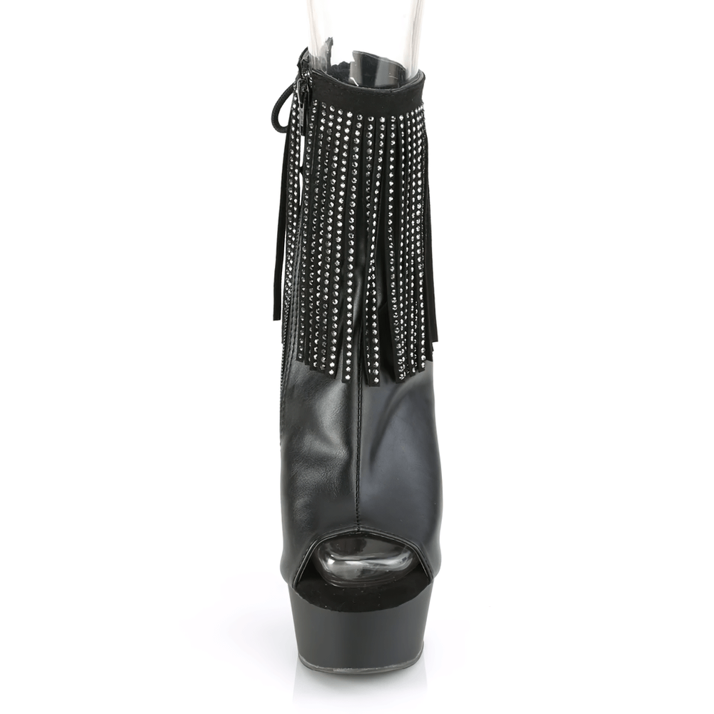 Black vegan leather open-toe ankle boots with rhinestone fringe and lace-up back, 6-inch heel and 1.75-inch platform.
