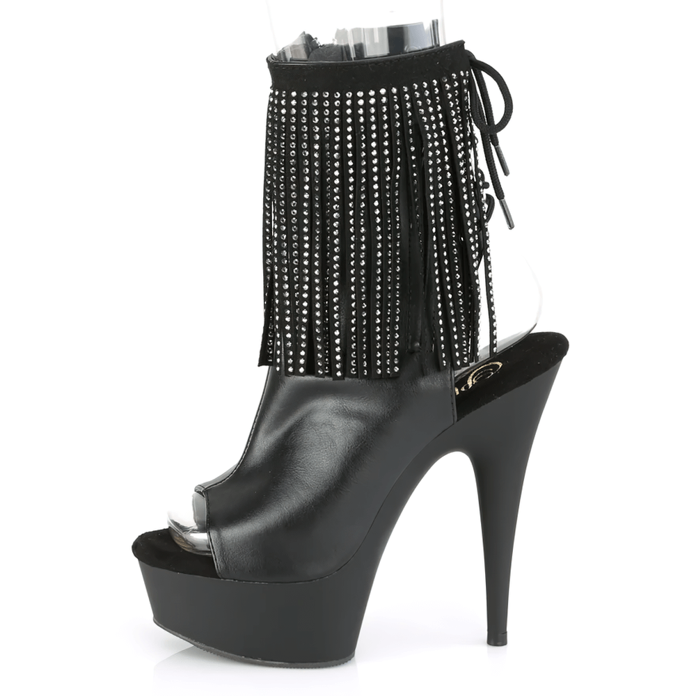 Sleek black open-toe ankle boots with rhinestone fringe and a high heel, perfect for a glamorous look.