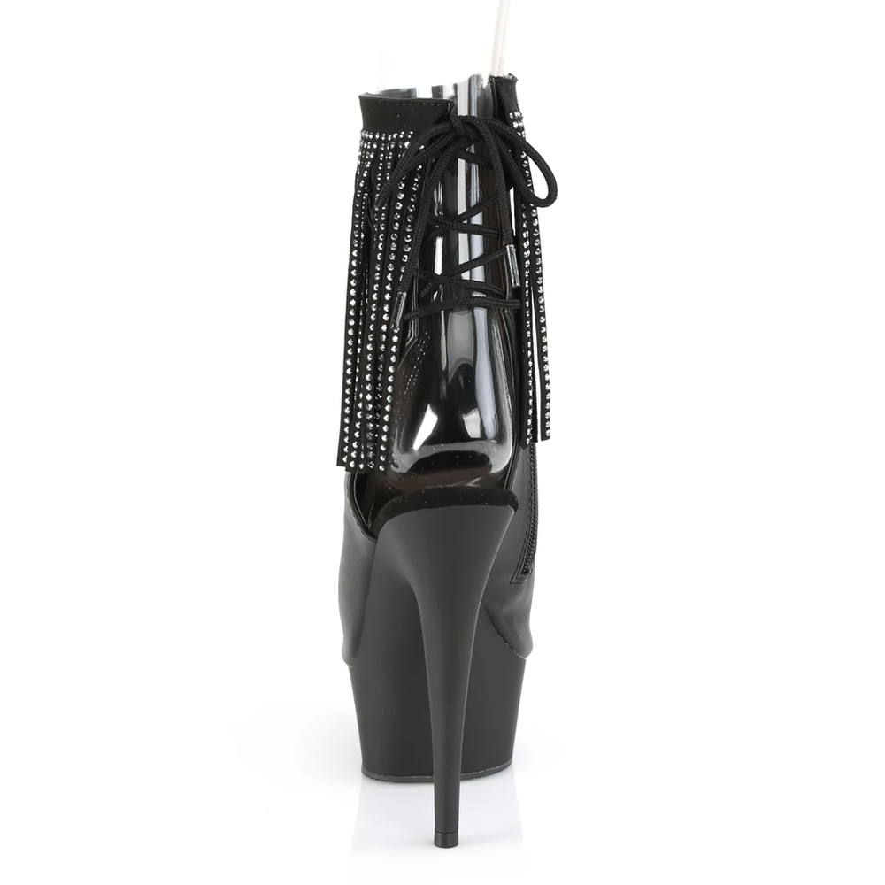 Black open toe ankle boots with rhinestone fringe and lace-up back, showcasing a towering 6-inch heel and chic style.