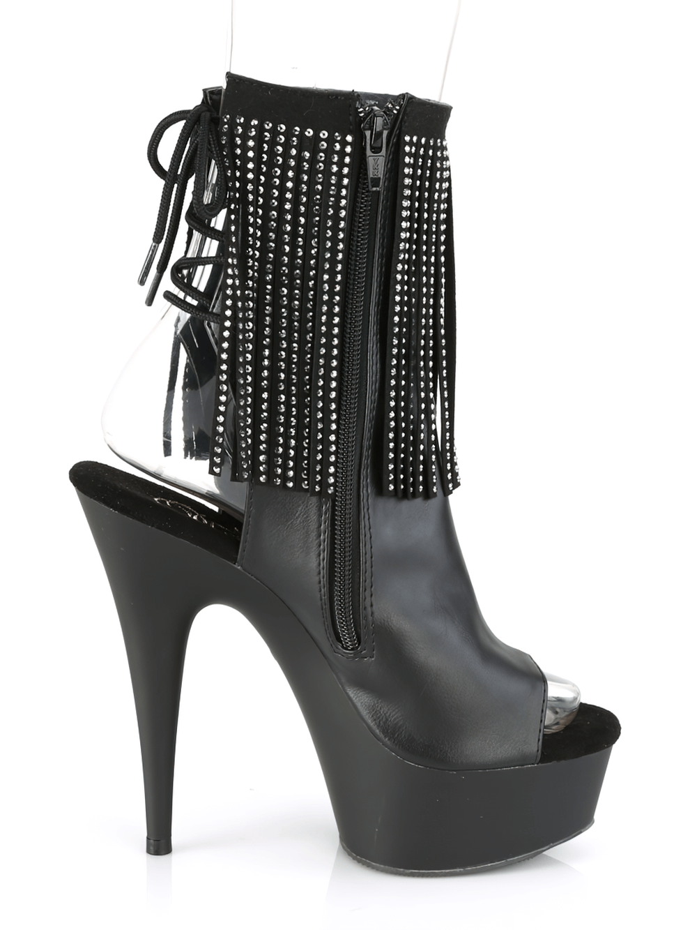 Sexy open toe ankle boots with rhinestone fringe and high heel for a glamorous look.