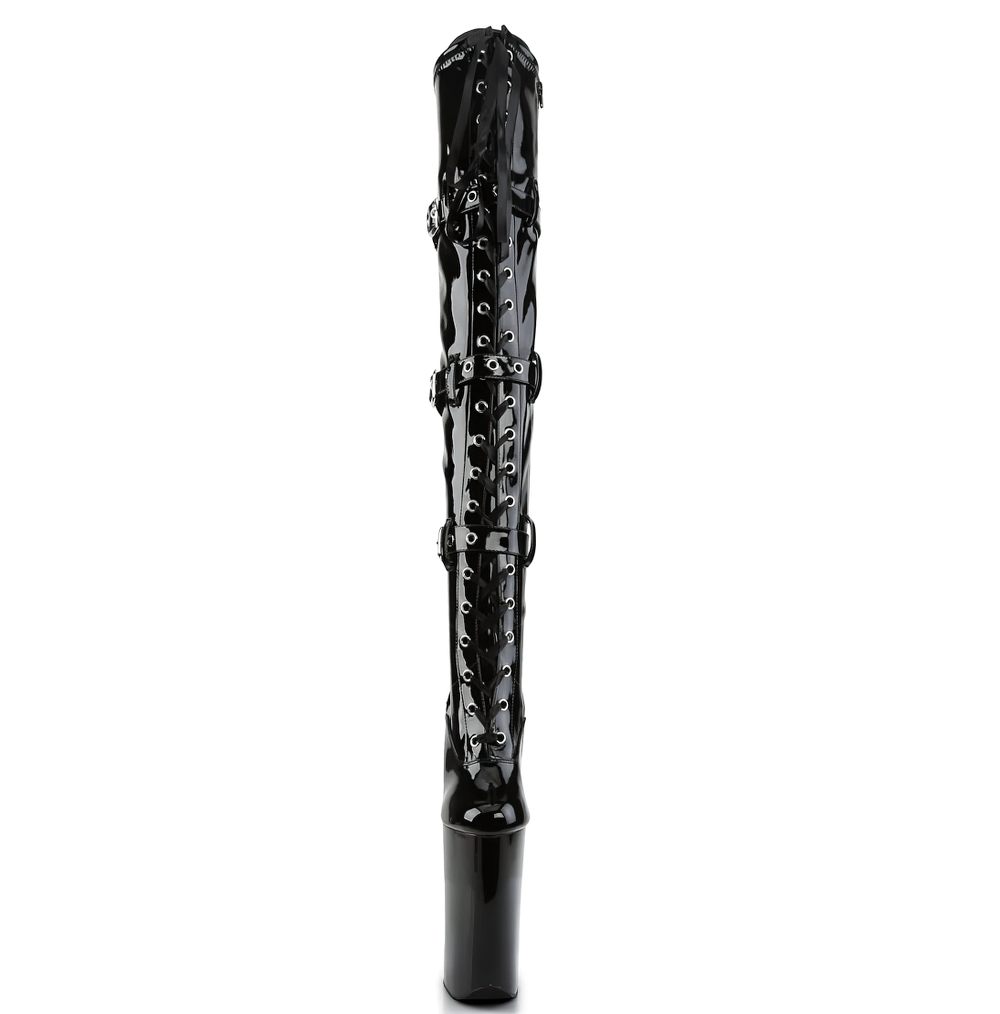 Sexy black thigh high stiletto boots with triple buckle straps and ribbon lacing. Perfect for bold fashion statements.