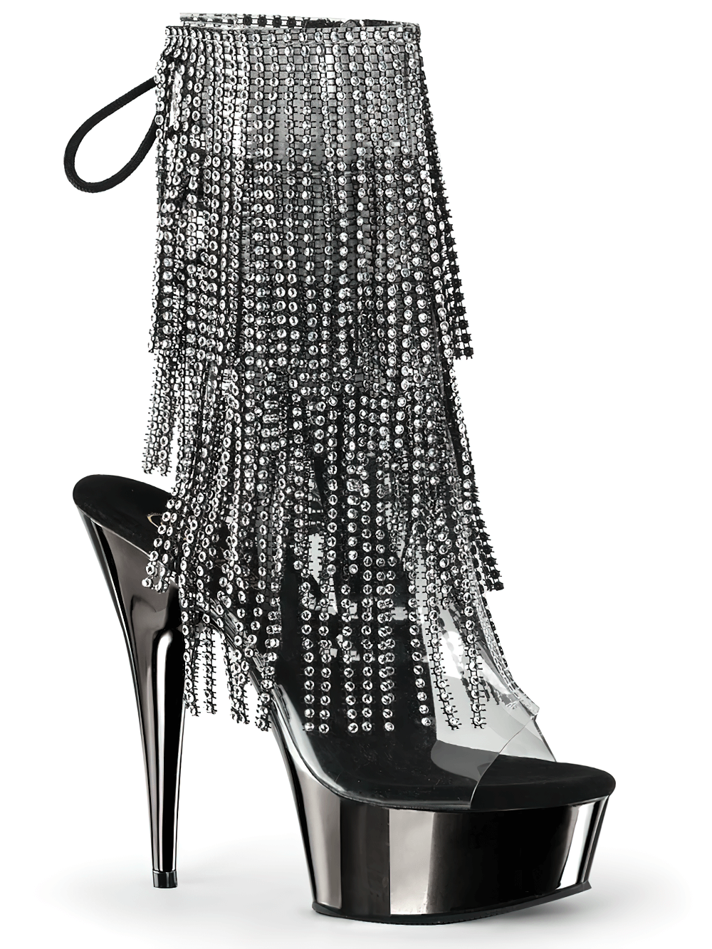 Shimmering rhinestone ankle boots with open toes and a 6-inch heel, featuring chrome-plated fringe and rear lace-up detail.