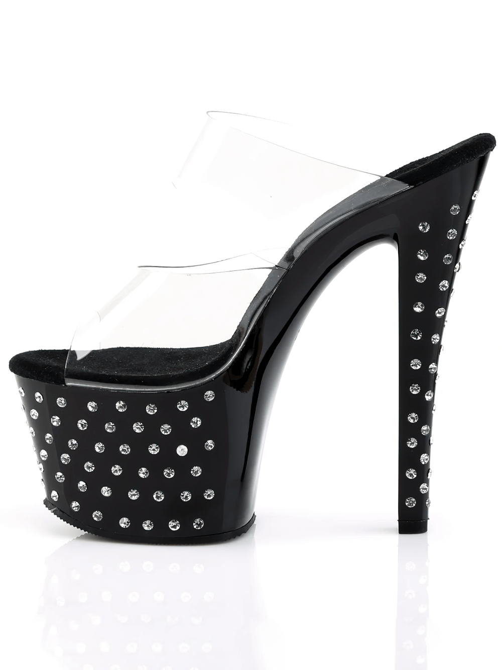 Glamorous PLEASER rhinestone-studded platform slide sandals with a sleek 7-inch heel in black and clear.