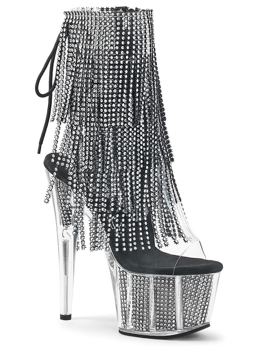 Stunning Pleaser silver-black stiletto heel boots with rhinestone fringe and UV reactive design, perfect for glamorous nights out.