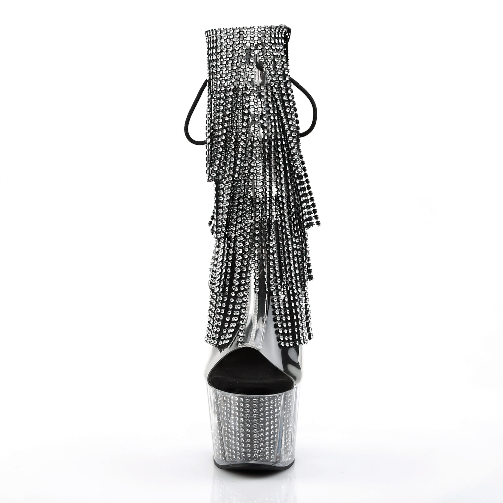 Glamorous silver-black rhinestone fringe stiletto heel boots with UV reactive design and stunning chrome platform.