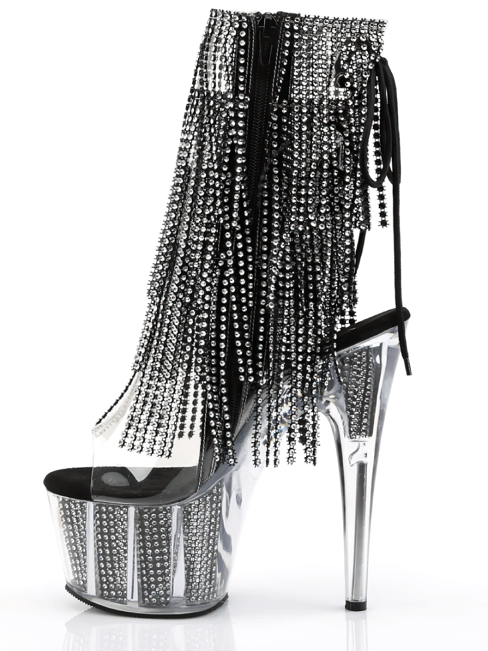 Stunning Pleaser silver-black rhinestone fringe stiletto heel boots with a dazzling chrome platform.