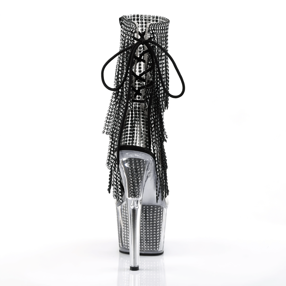 Sleek Pleaser silver-black rhinestone fringe stiletto heel boots featuring UV reactive fringe and lace-up back.