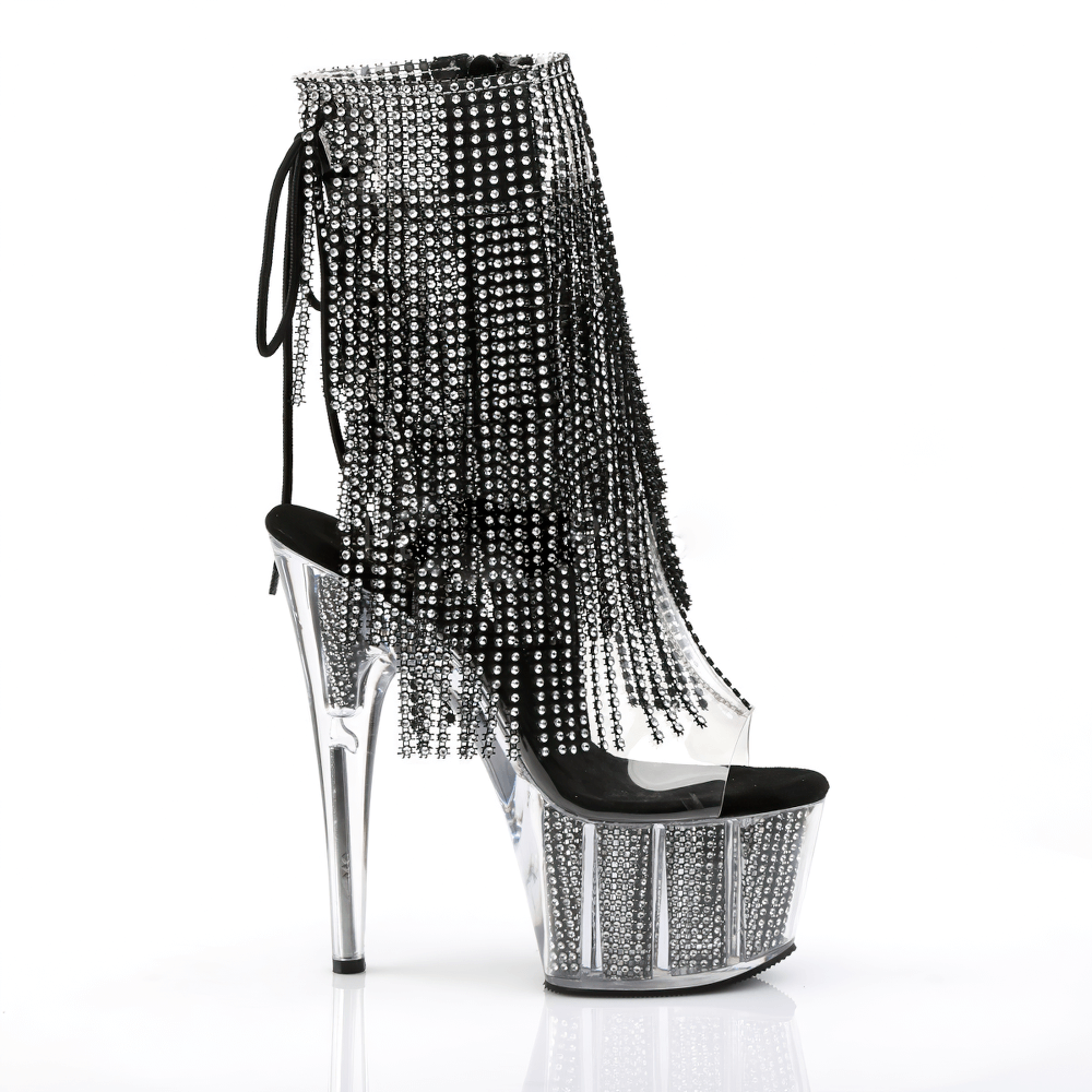 Glamorous Pleaser silver-black rhinestone fringe stiletto heel boots with a dazzling chrome platform.