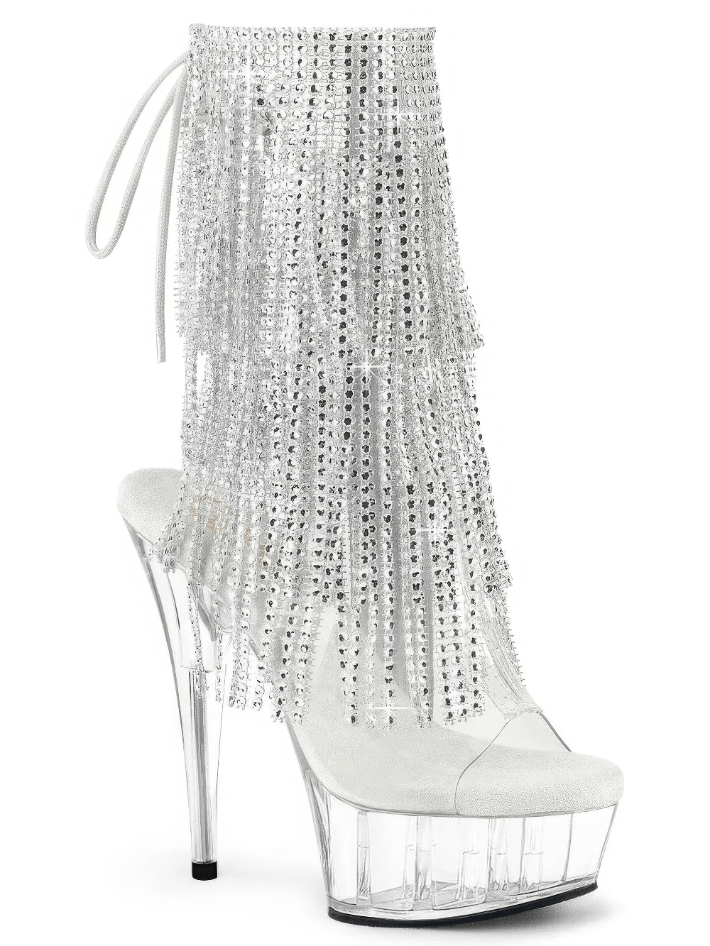 Shimmering PLEASER silver fringe ankle boots with rhinestones, open-toe design and clear platform heels.