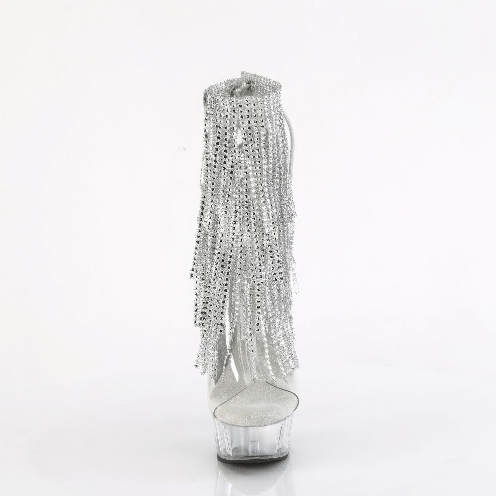 Shimmering silver fringe ankle boots with rhinestones, open toe, and heel, showcasing a stunning back view.