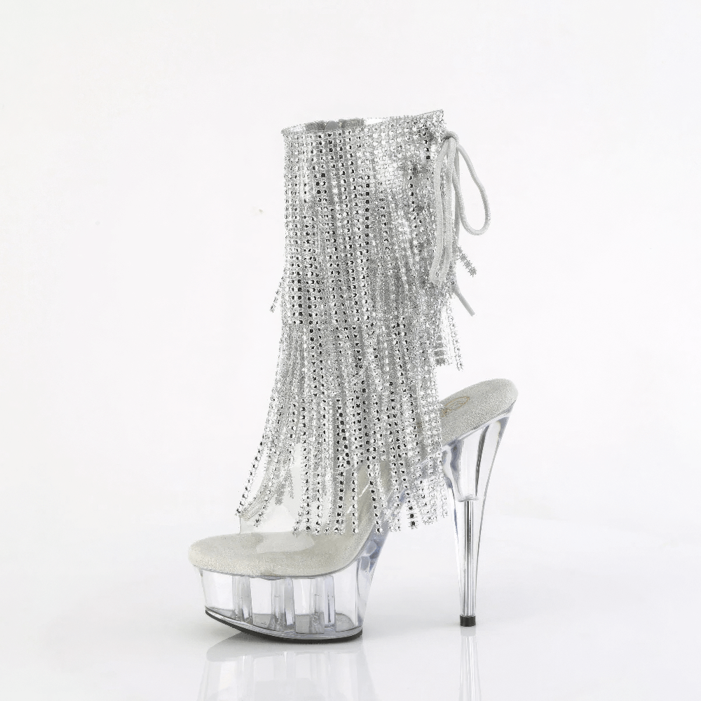 PLEASER Silver Fringe Ankle Boots with open toe, rhinestone fringe, and a sleek clear heel.