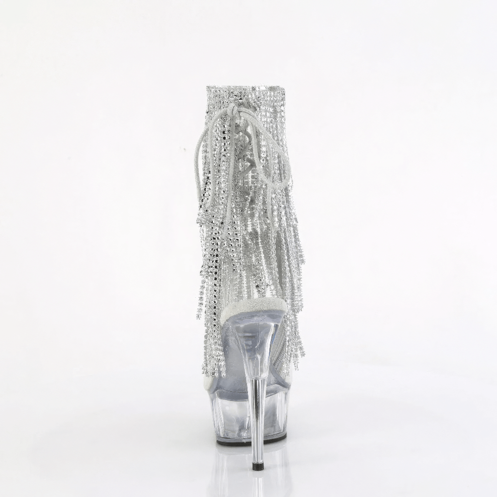Rear view of PLEASER silver fringe ankle boots showcasing rhinestone details and high heel design.