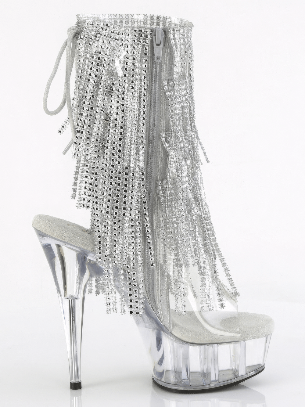 Shimmering silver fringe ankle boots with open toe, lace-up detail, and clear heel, perfect for a dazzling night out.