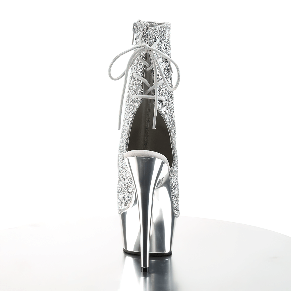 Sparkling silver lace-up stiletto ankle boots with open toes and a striking 6-inch heel, featuring a glitter finish.