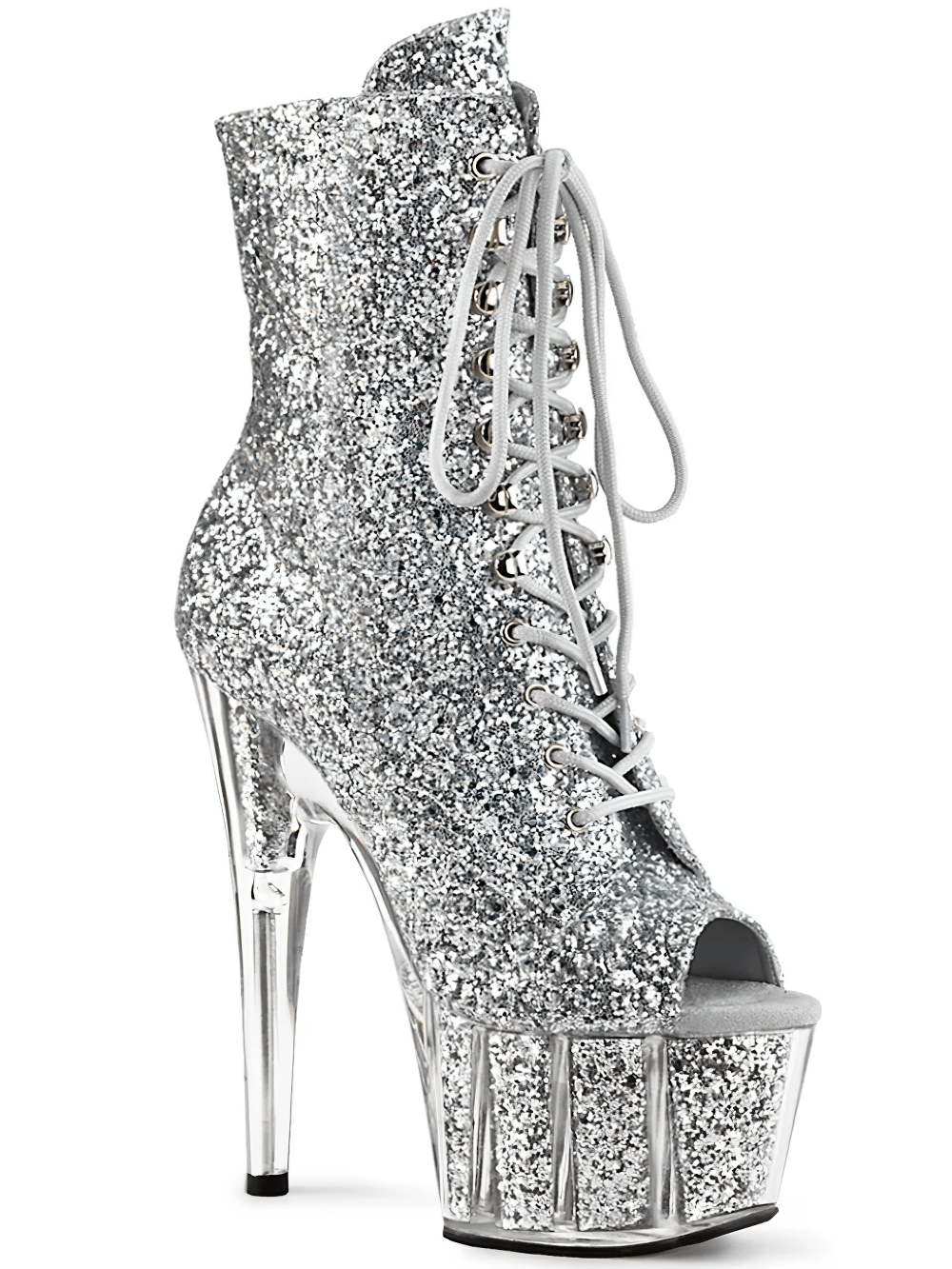 Shiny silver glitter peep toe boots with 7-inch heels and lace-up design, perfect for a glamorous look.