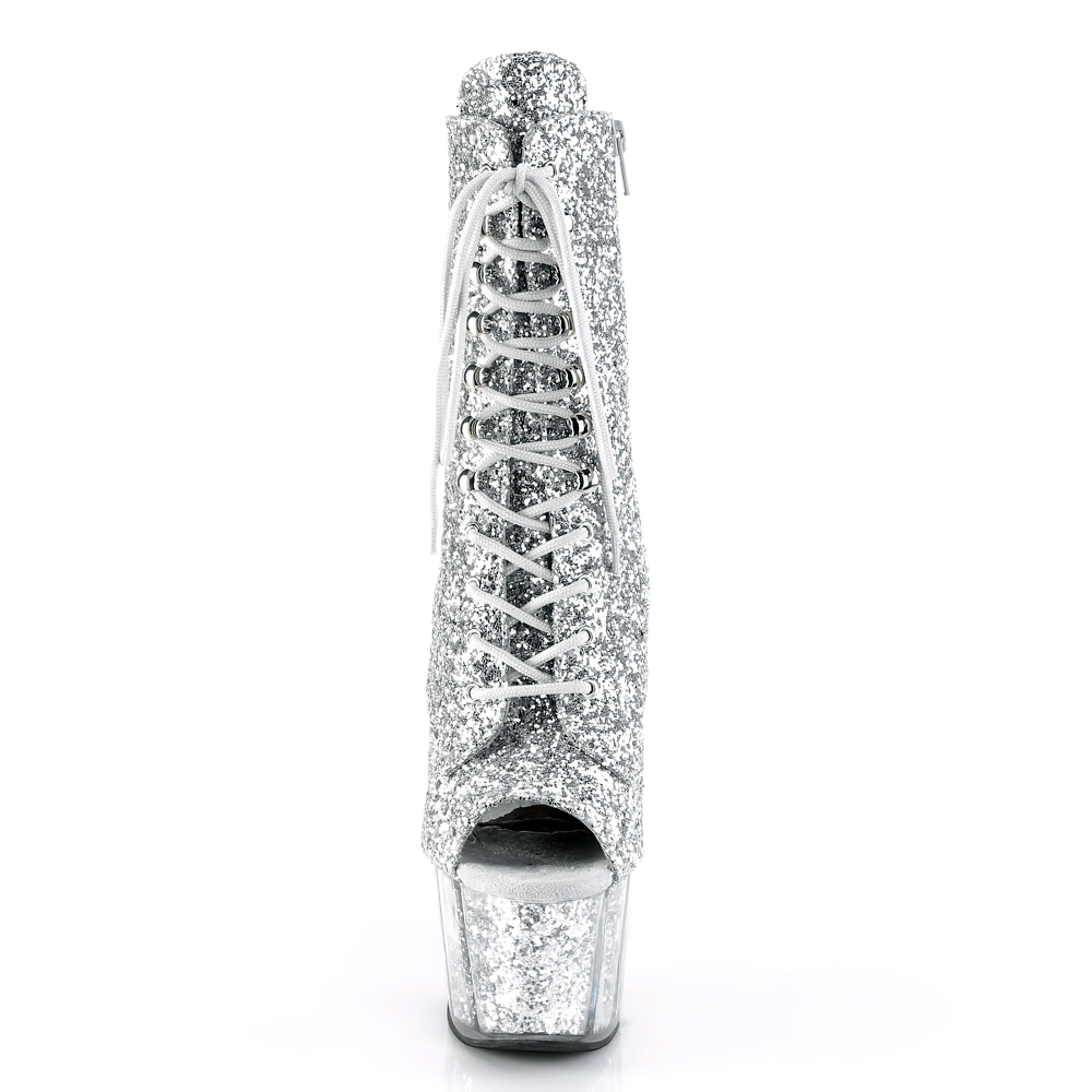 Shiny silver glitter peep toe lace-up boots with 7-inch heels and glitter platform, perfect for adding sparkle to any outfit.