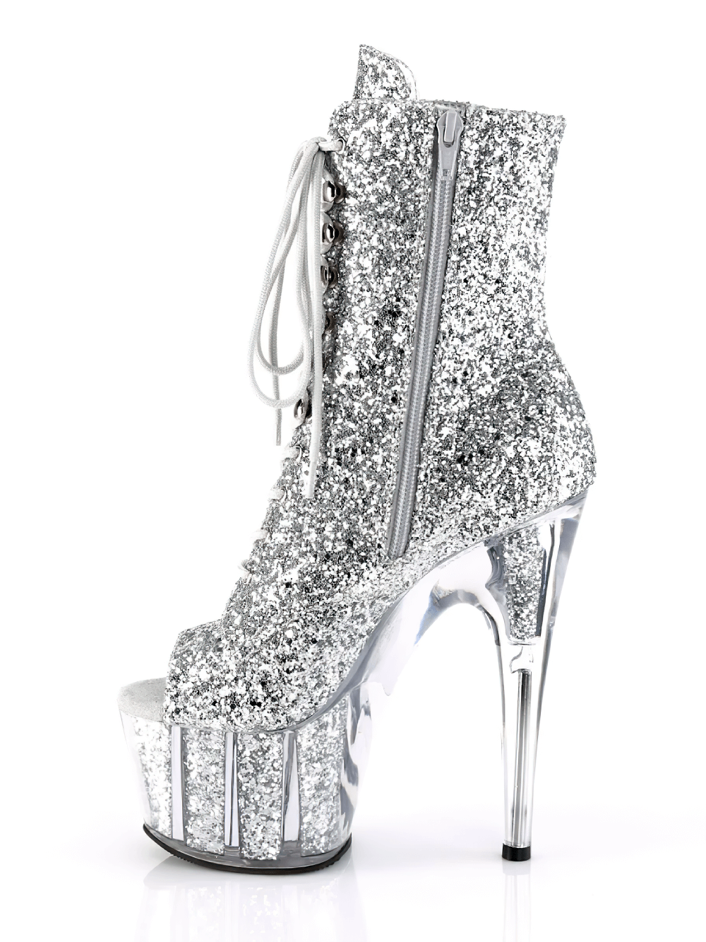 Silver glitter peep toe lace-up boots with 7-inch heels and clear platform for a dazzling look.