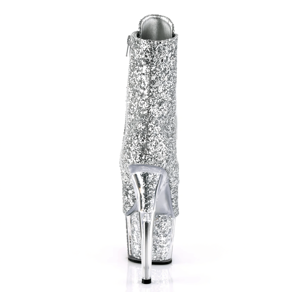 Back view of PLEASER silver glitter peep toe boots with 7-inch heels and sparkling platform, showcasing glamorous design.