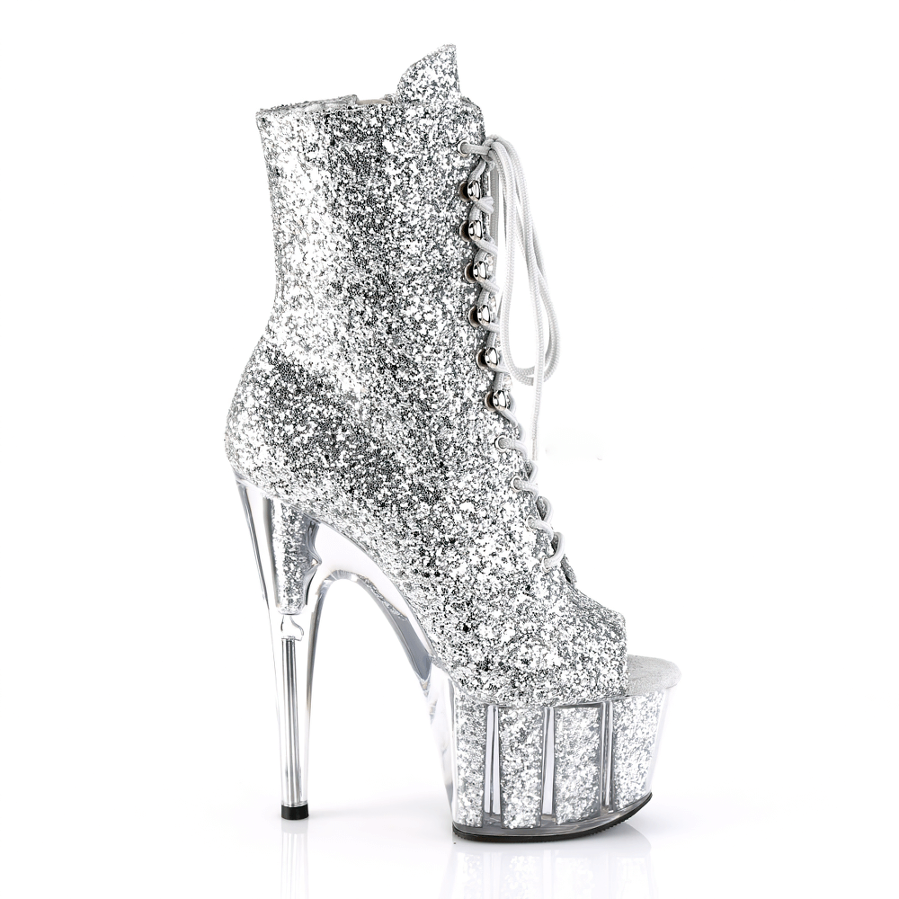 Sparkling silver glitter peep toe boots with 7-inch heels and lace-up design, perfect for glamorous style.