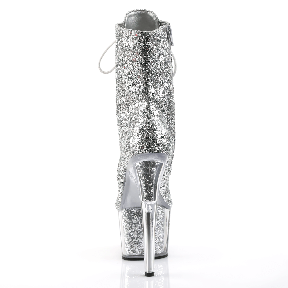 PLEASER Silver Glitter Stiletto Platform Lace-Up Ankle Boots