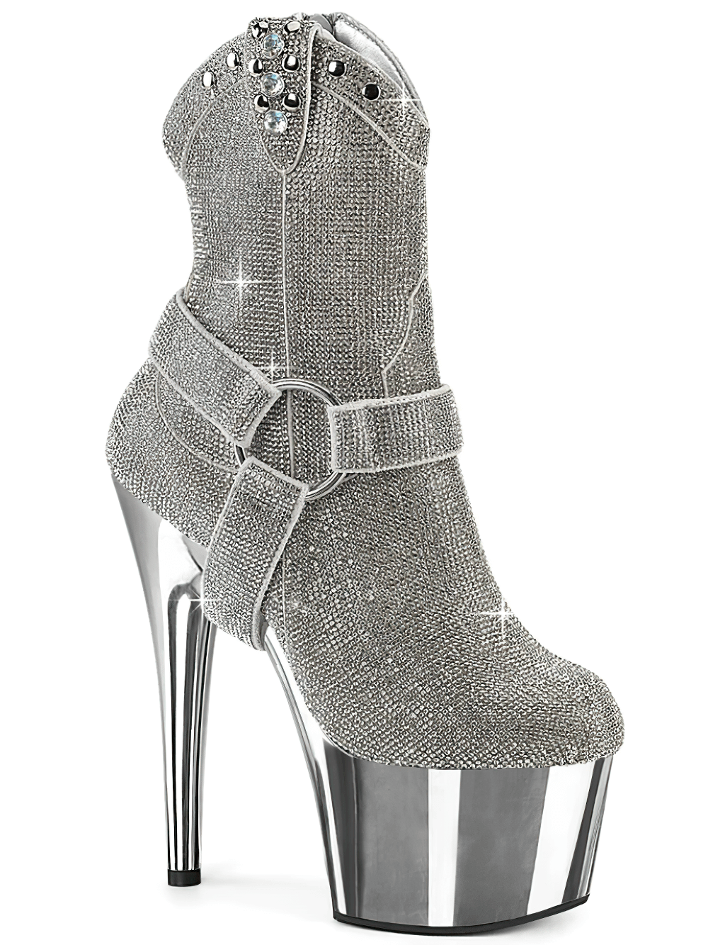 Dazzling silver rhinestone cowgirl boots with platform heels and O-ring straps, perfect for bold fashion statements.
