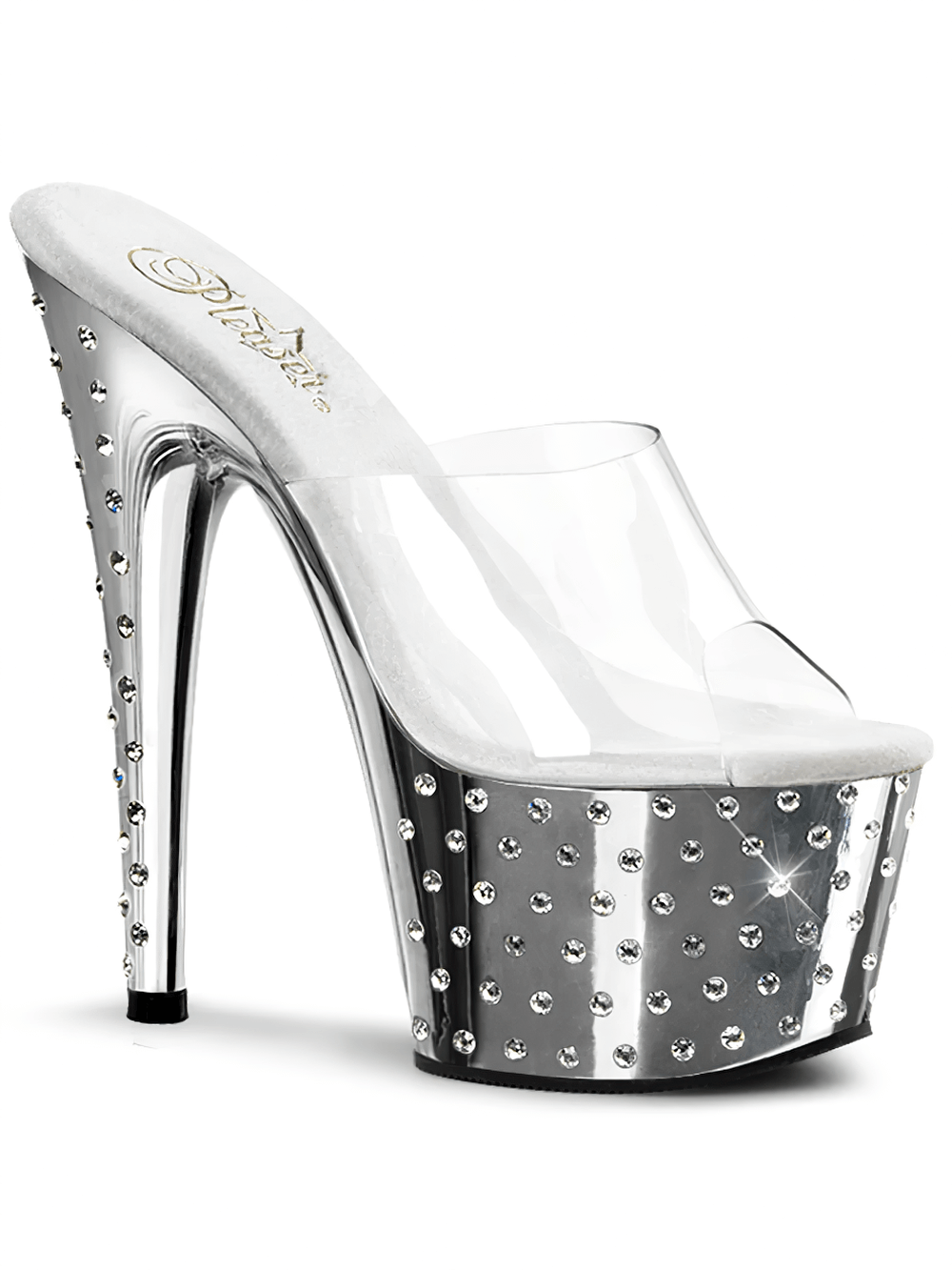 Glamorous Pleaser silver rhinestone slide sandals with 7-inch platform and clear accents for a dazzling look.