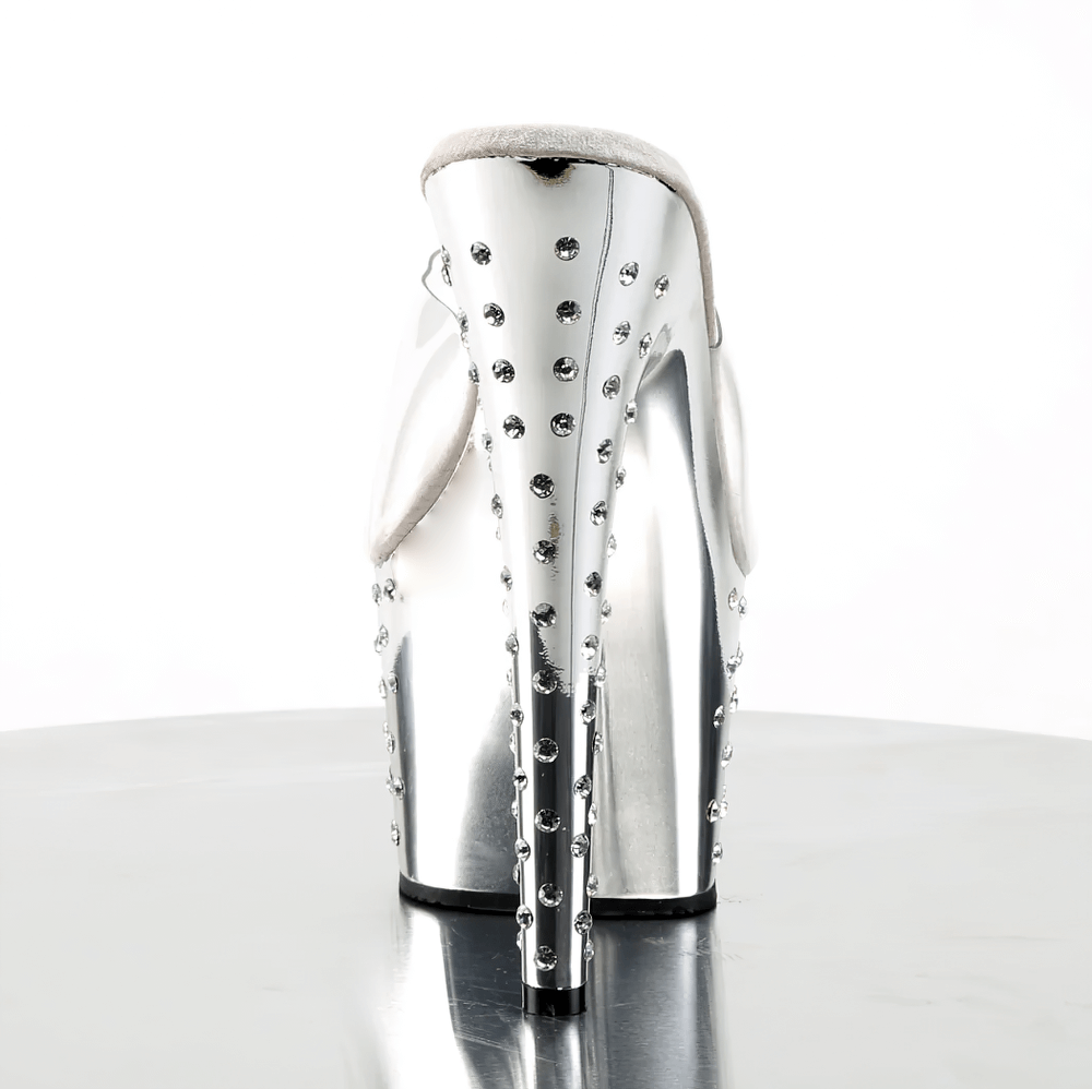 Rear view of PLEASER silver rhinestone slide sandals highlighting the dazzling platform and shiny finish.