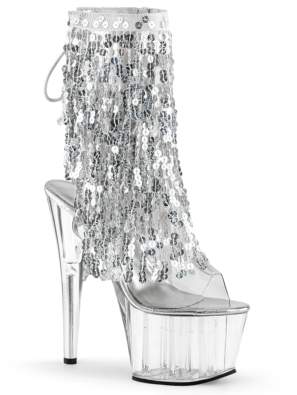 PLEASER Silver Sequined Fringe Stiletto Heel Ankle Boots