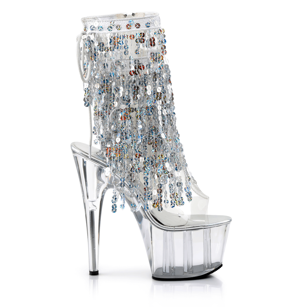 PLEASER Silver Sequined Fringe Stiletto Heel Ankle Boots