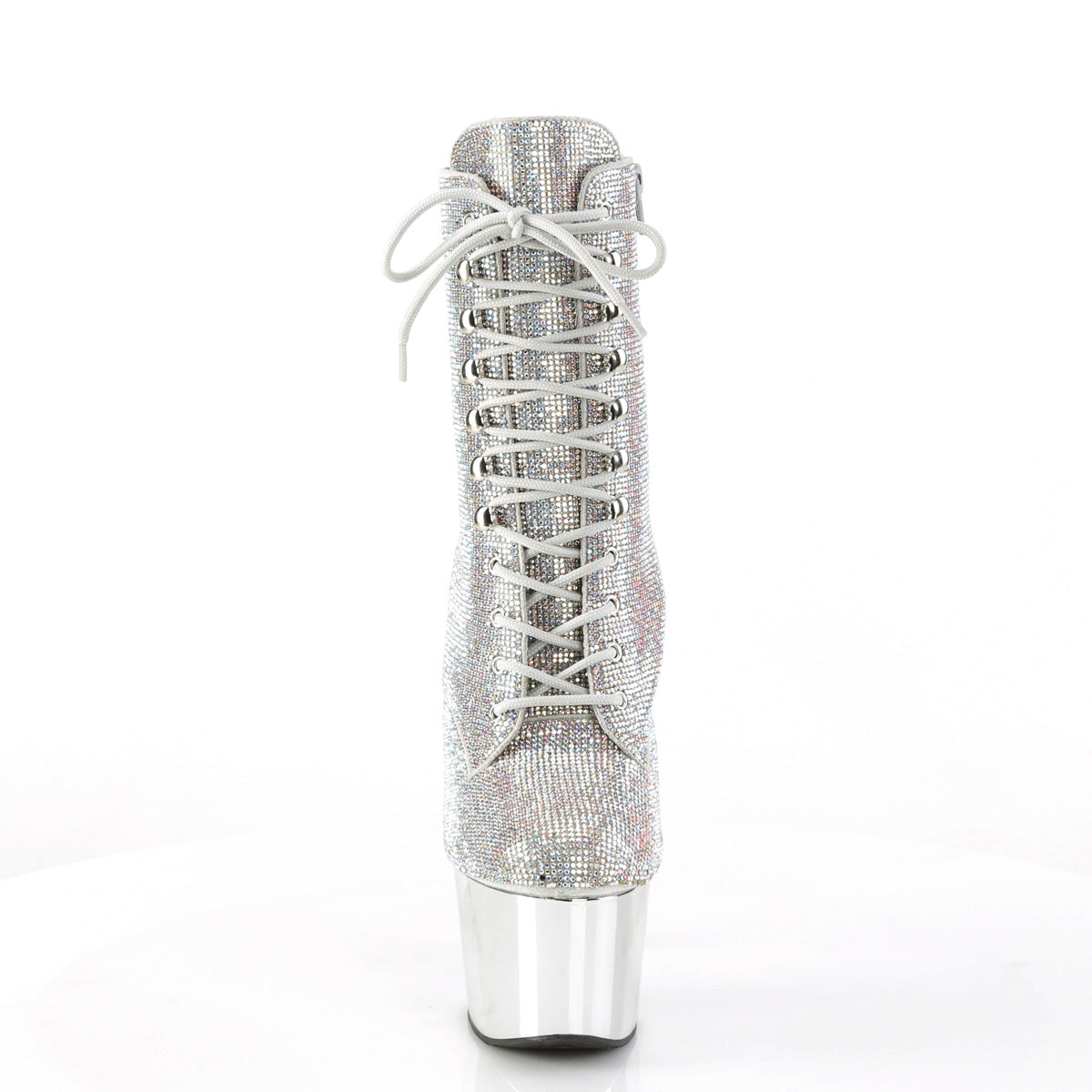 Silver lace-up stiletto boots with rhinestone design and mirror platform heels.
