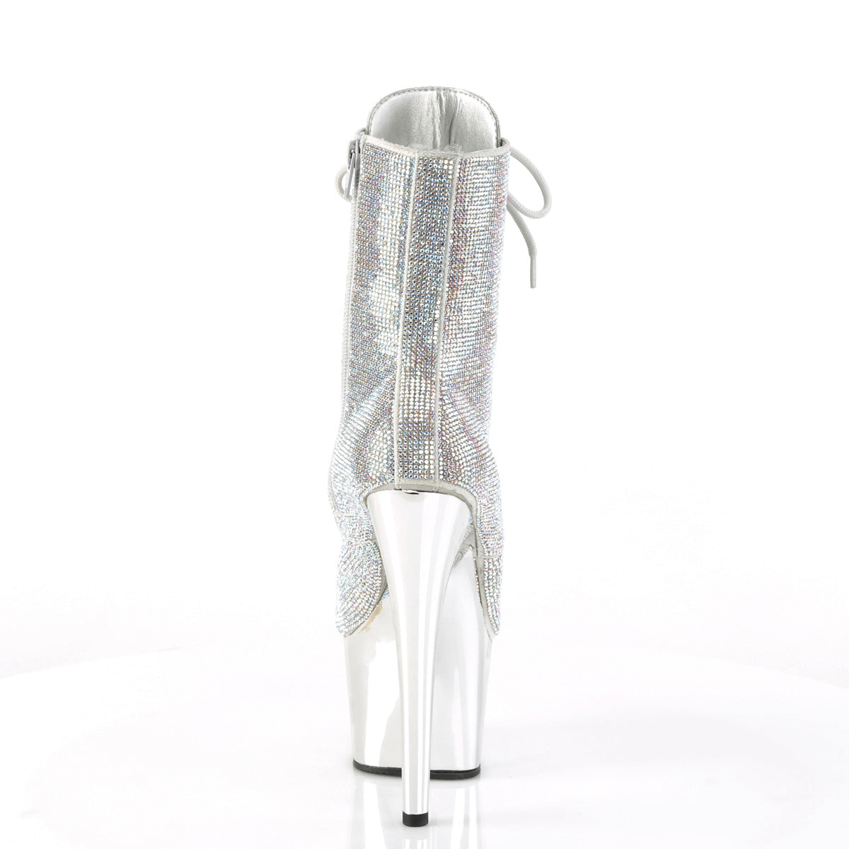Back view of dazzling silver lace-up boots with high stiletto heels and reflective chrome platform.