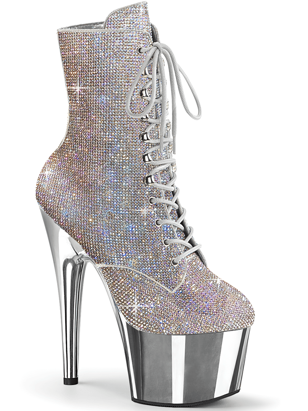 Silver lace-up stiletto boots with mirrored platform and rhinestone design, perfect for dazzling performances.