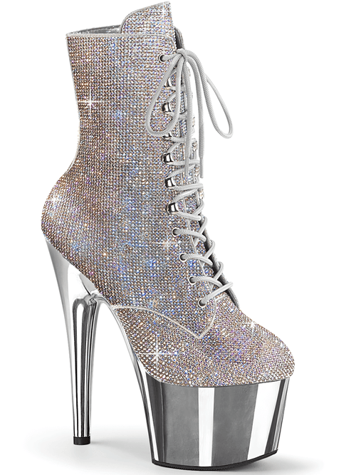 PLEASER Botas de tacón de aguja plateadas con tacones de plataforma de espejo