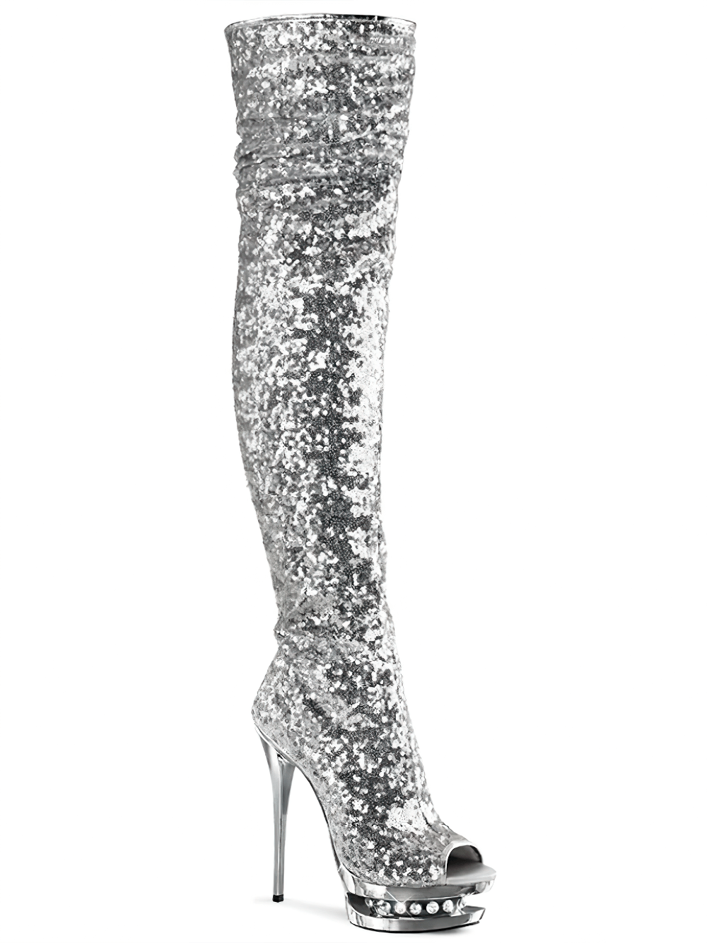Dazzling silver thigh-high stiletto boots with rhinestones and open-toe design, perfect for a bold fashion statement.