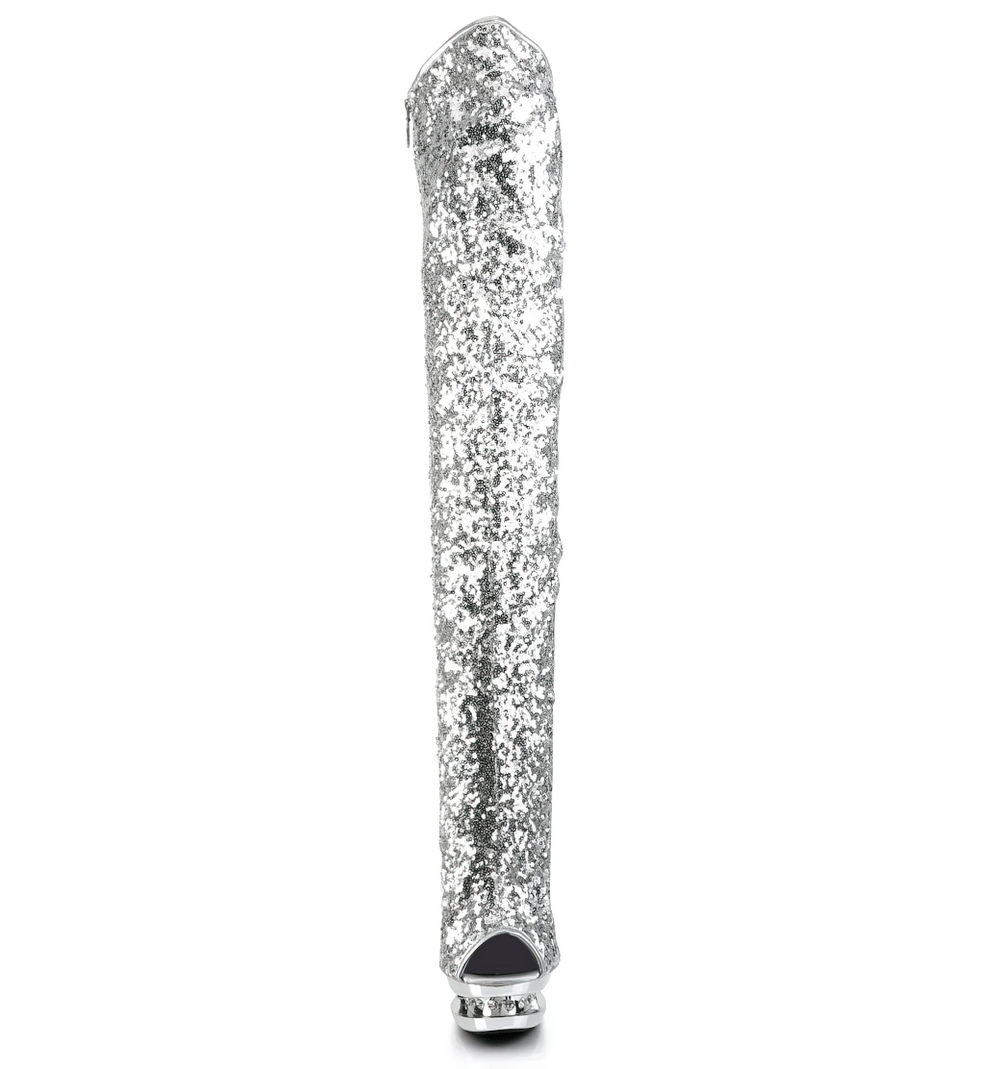 Shiny silver rhinestone thigh-high stiletto boots with open-toe design and full inner zipper.