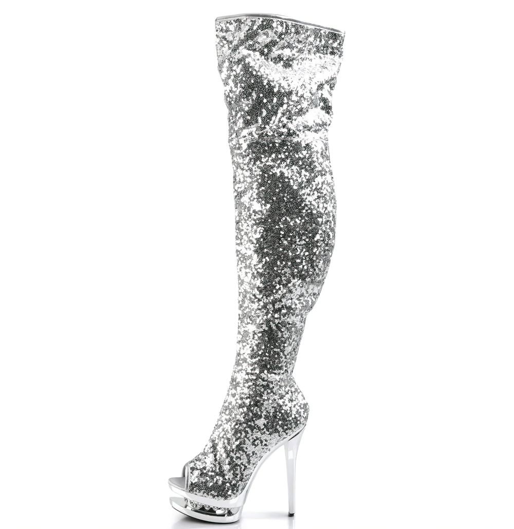 Dazzling silver thigh-high stiletto boots with rhinestones and open-toe design, perfect for a bold fashion statement.