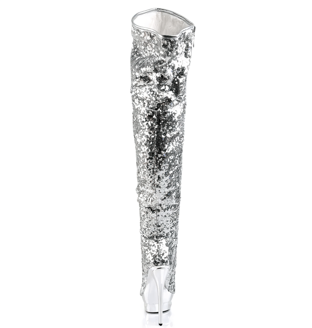 Dazzling silver thigh-high stiletto boots adorned with rhinestones, showcasing a stunning back view.
