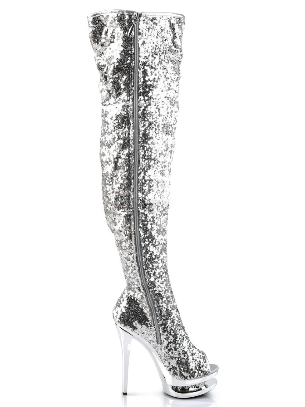Dazzling silver thigh-high stiletto boots with rhinestones and open toe design, featuring a chic zipper for easy wear.