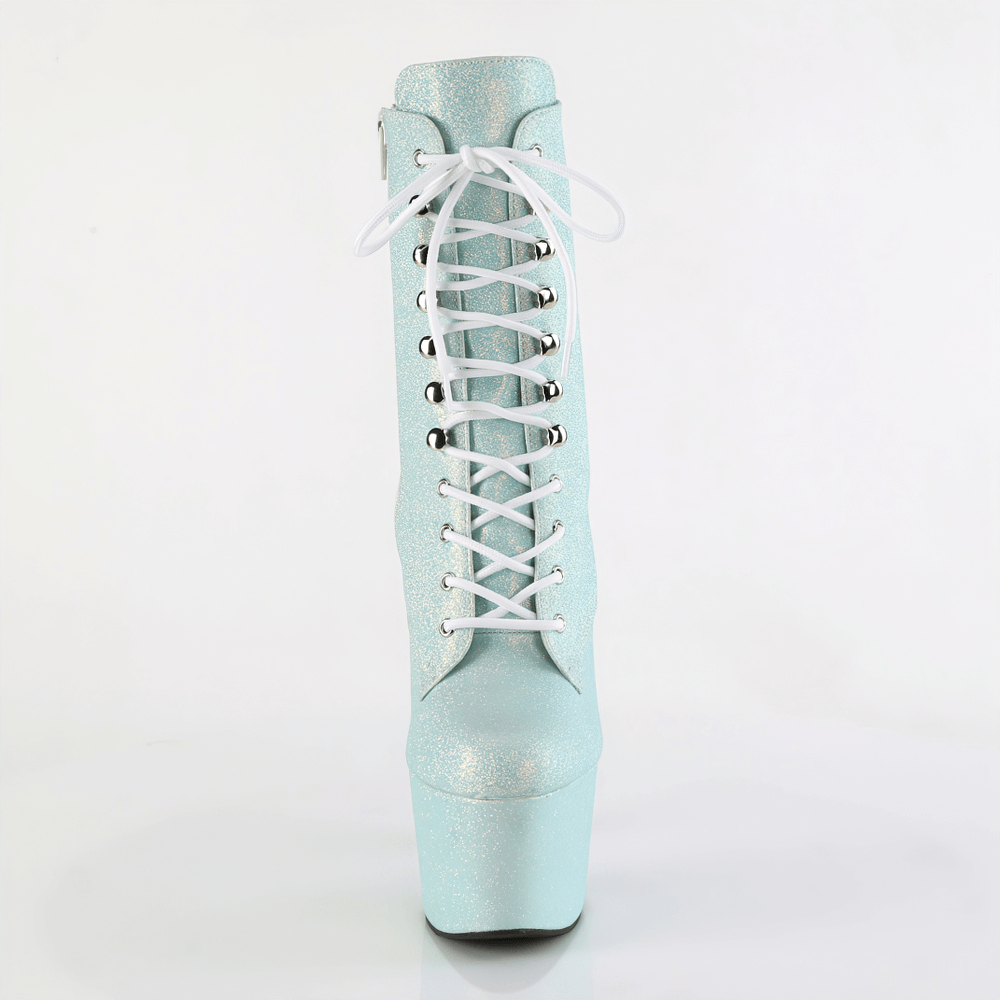 Light blue glitter ankle boots with lace-up detail and platform, perfect for making a bold fashion statement.