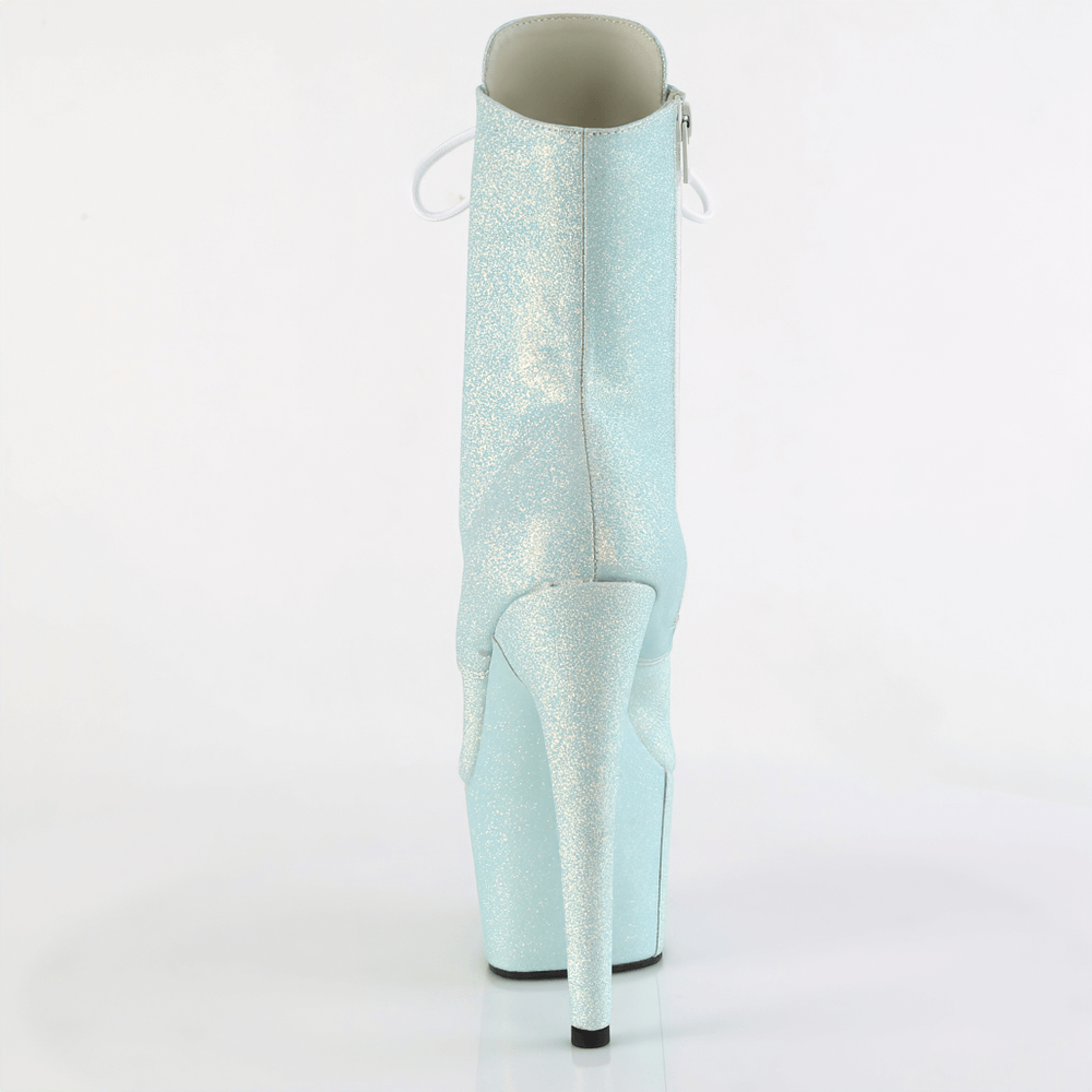 Light blue glitter ankle boots with a high heel, showcasing lace-up detail and side zipper for a glamorous look.