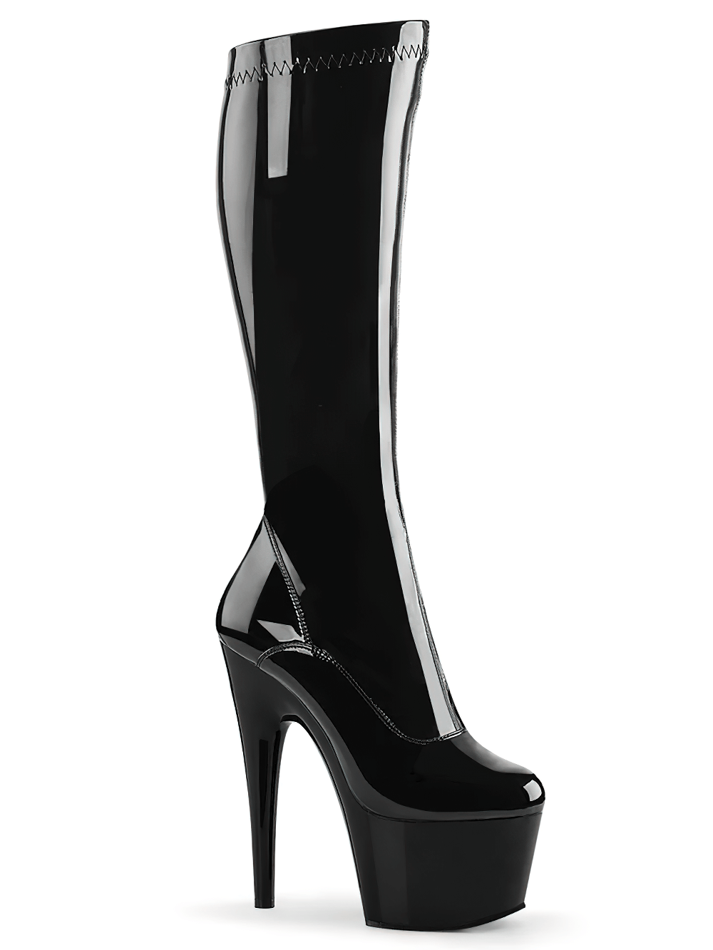 Sleek black knee boots with towering heels and side zip closure, perfect for striking entrances.