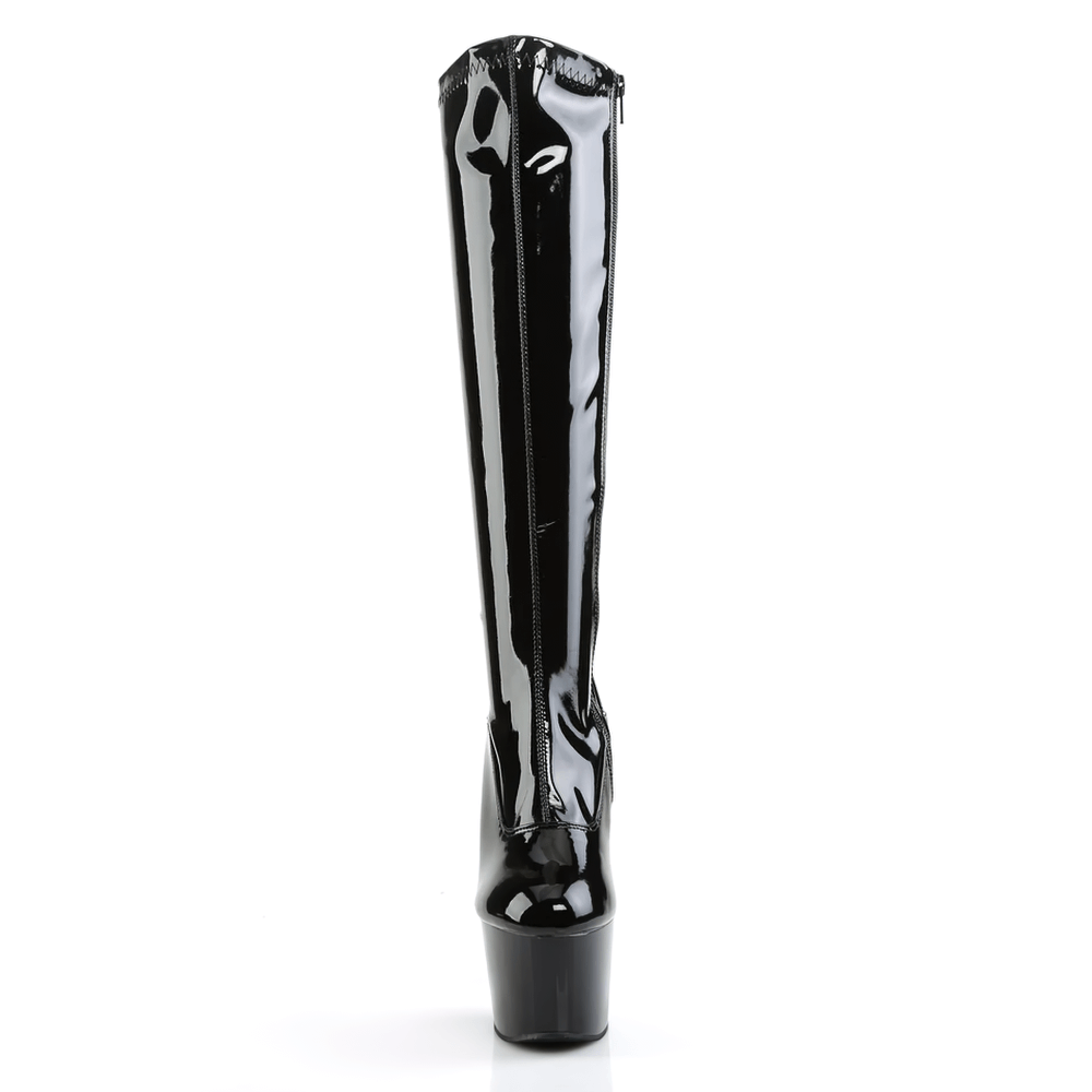 Sleek black knee boots with towering 7-inch heels and side zip closure for stylish, confident strides.