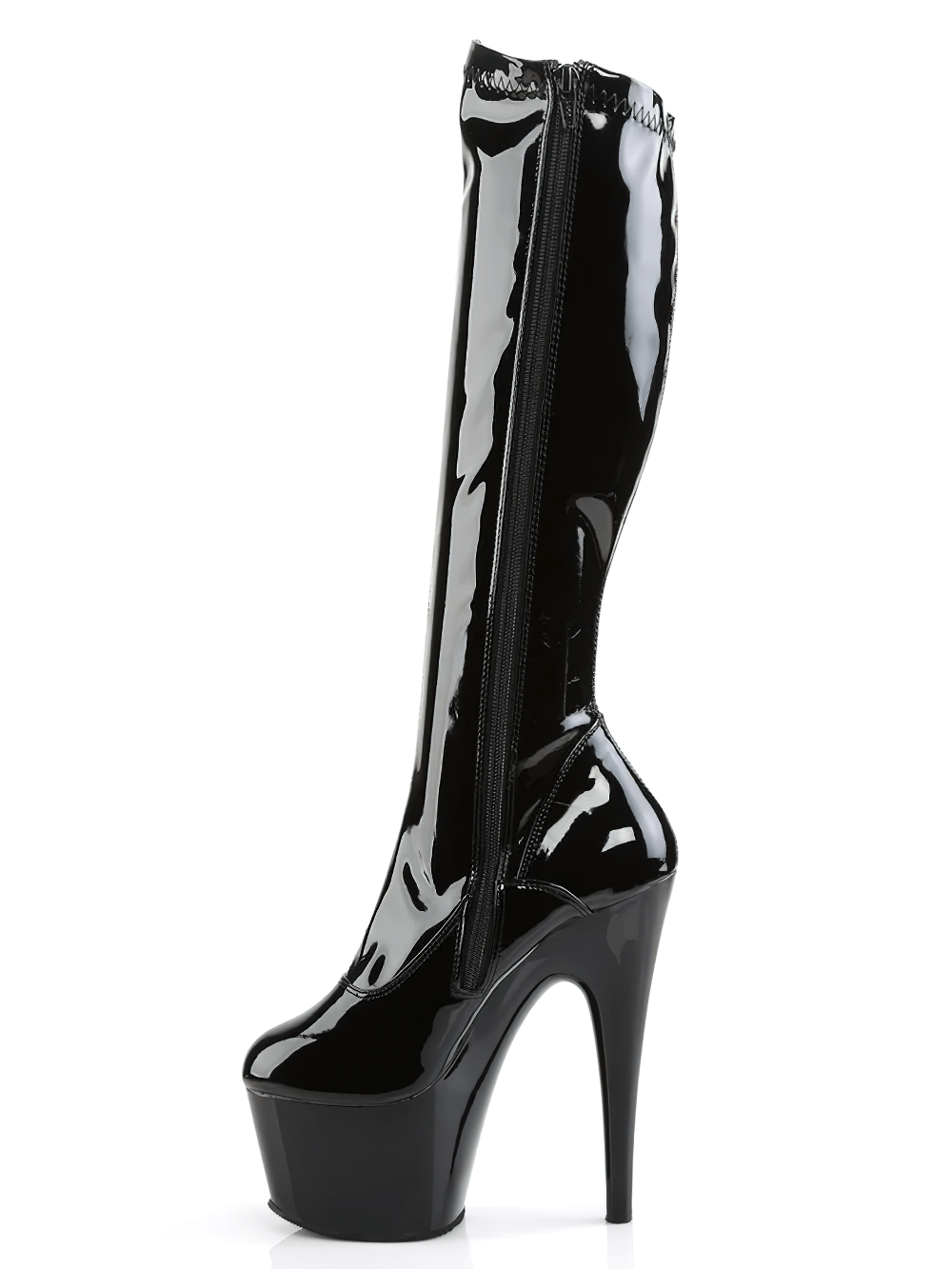 Sleek black knee boots with towering 7-inch heels and side zip closure for easy wearability, perfect for stylish entrances.