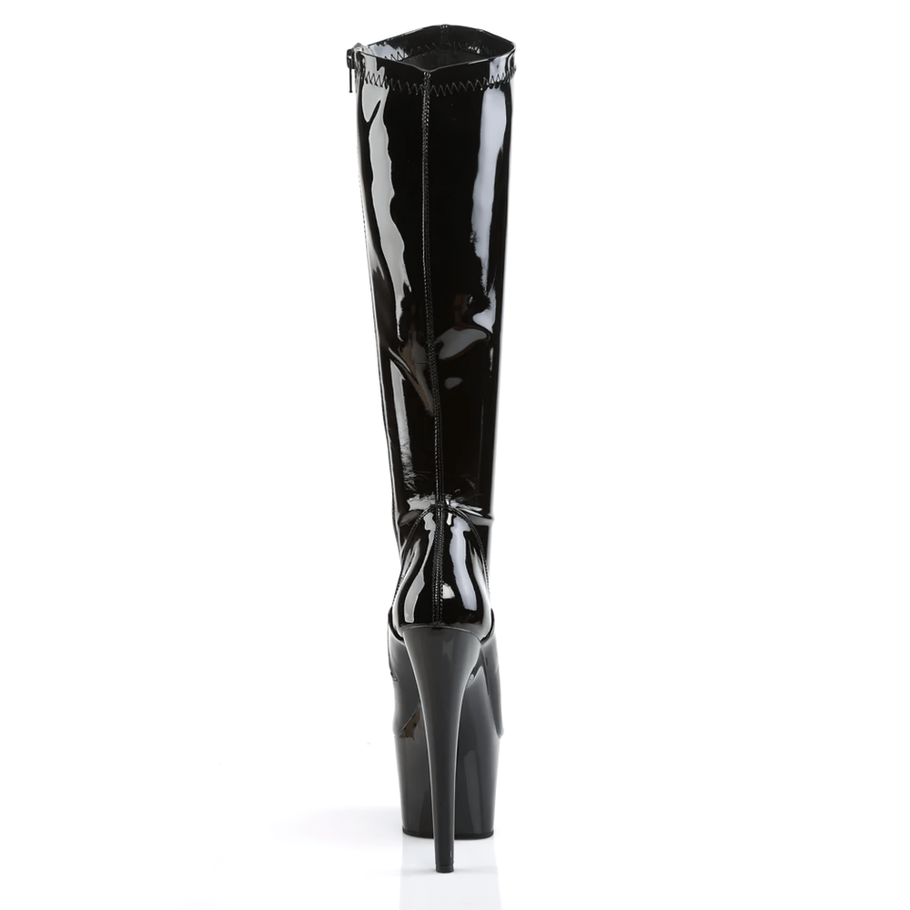 Back view of sleek black knee boots with towering heels and side zip closure, perfect for striking entrances.