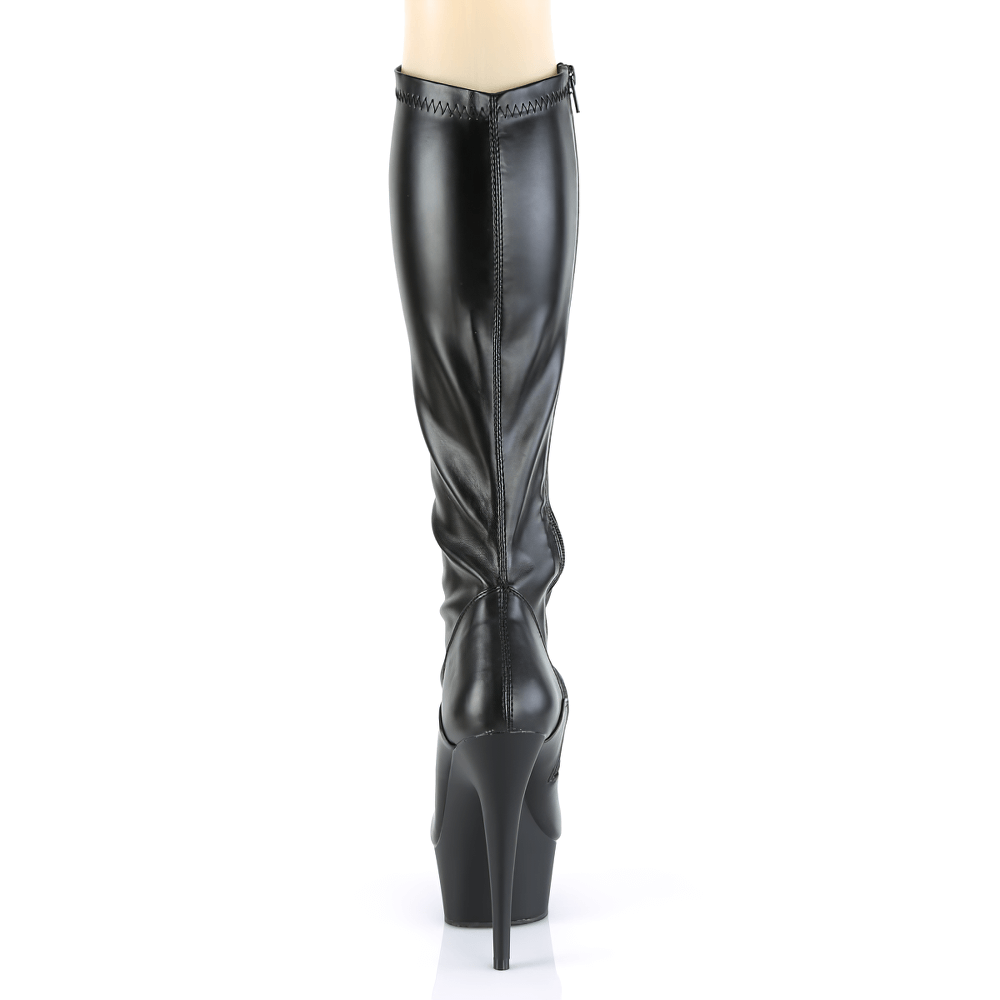 Back view of PLEASER sleek black vegan leather knee-high stiletto platform boots with a high heel.