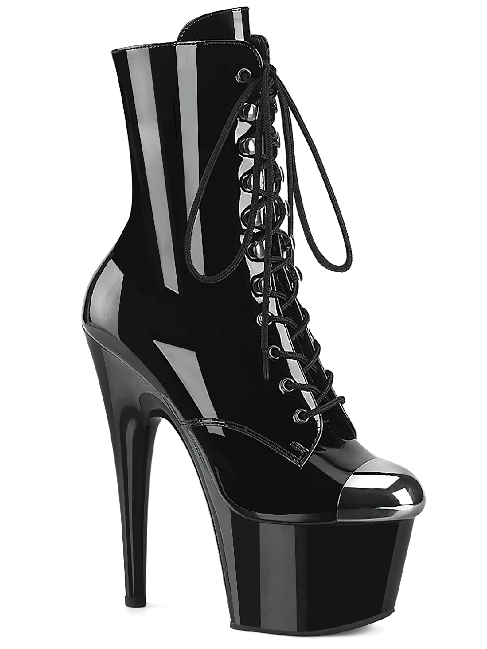Chic PLEASER black patent lace-up ankle boots with steel caps and 7-inch heels for bold style.