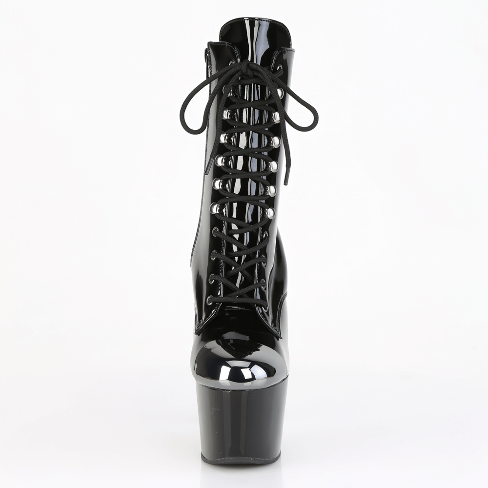 Chic PLEASER lace-up ankle boots with steel caps and glossy patent finish, featuring a 7-inch heel and 2.75-inch platform.