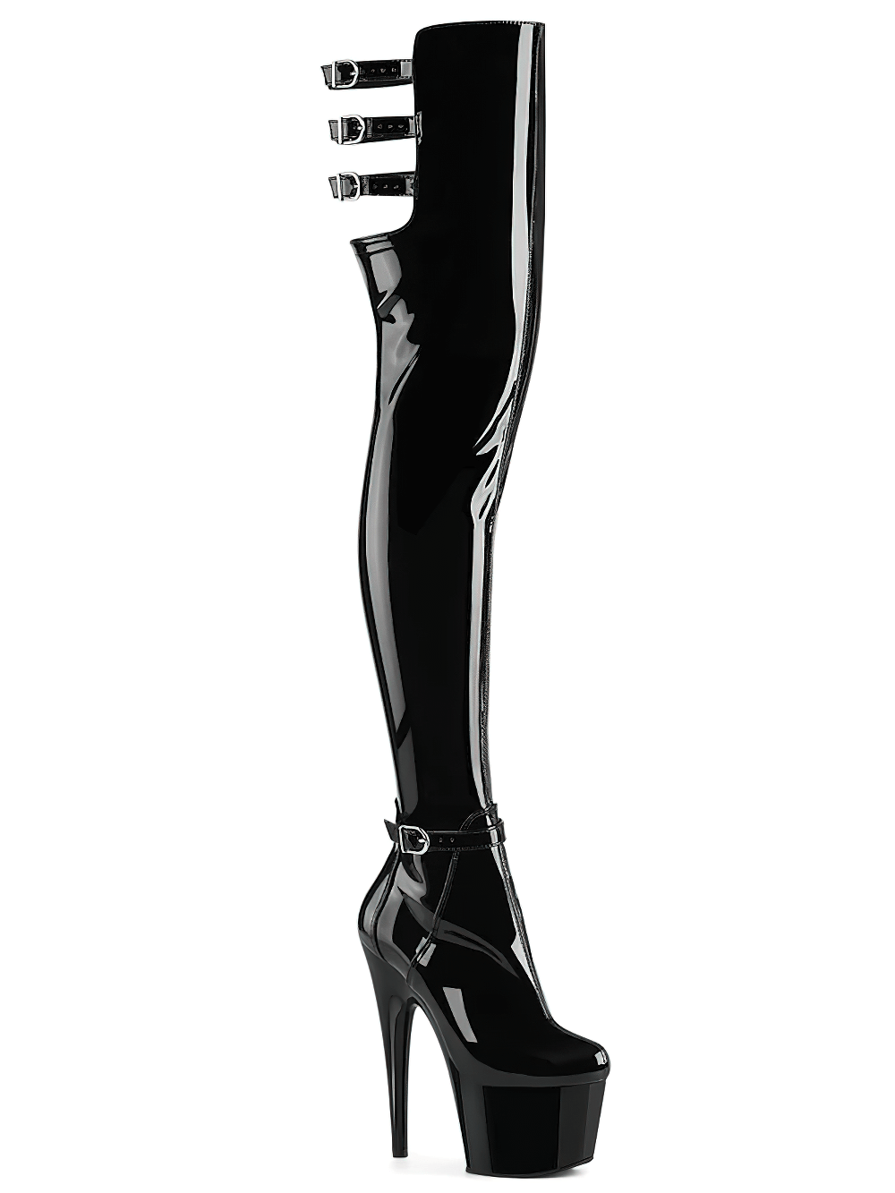 Sleek black patent thigh-high platform boots with ankle buckle and triple straps for a bold fashion statement.