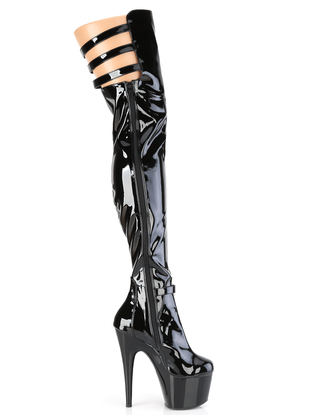 Sleek patent thigh-high platform boots with buckle straps for women, featuring dramatic 7-inch heels.